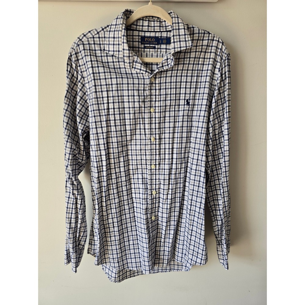 Polo Ralph Lauren Performance Mens Large Check Button Down Shirt Navy Grey White